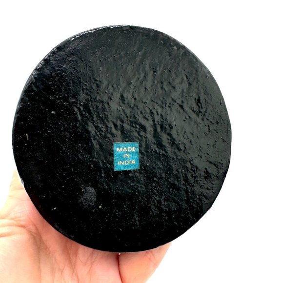 Vintage Papier Mache Trinket Box Hand Painted Lacquered Black Pink Floral circle - Picture 6 of 9